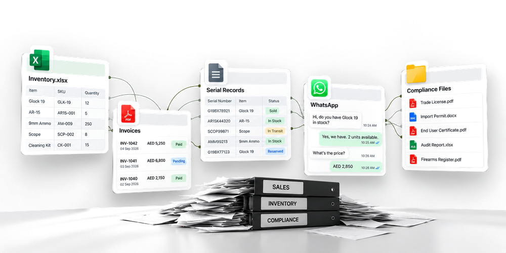 A spreadsheet, an invoice book, a serial register, WhatsApp and a folder of compliance files, all piled on paper