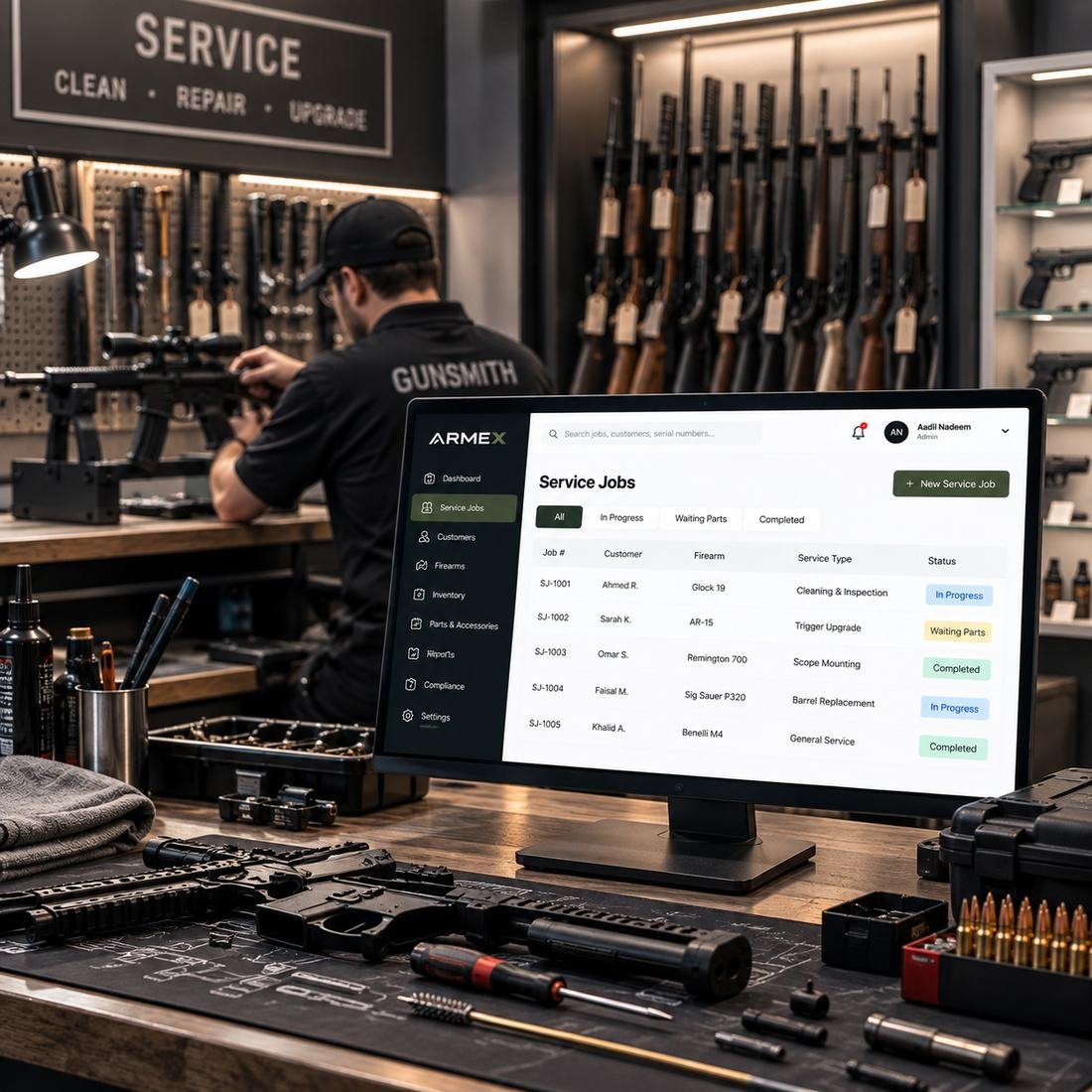 Gunsmith bench with ARMEX service jobs open