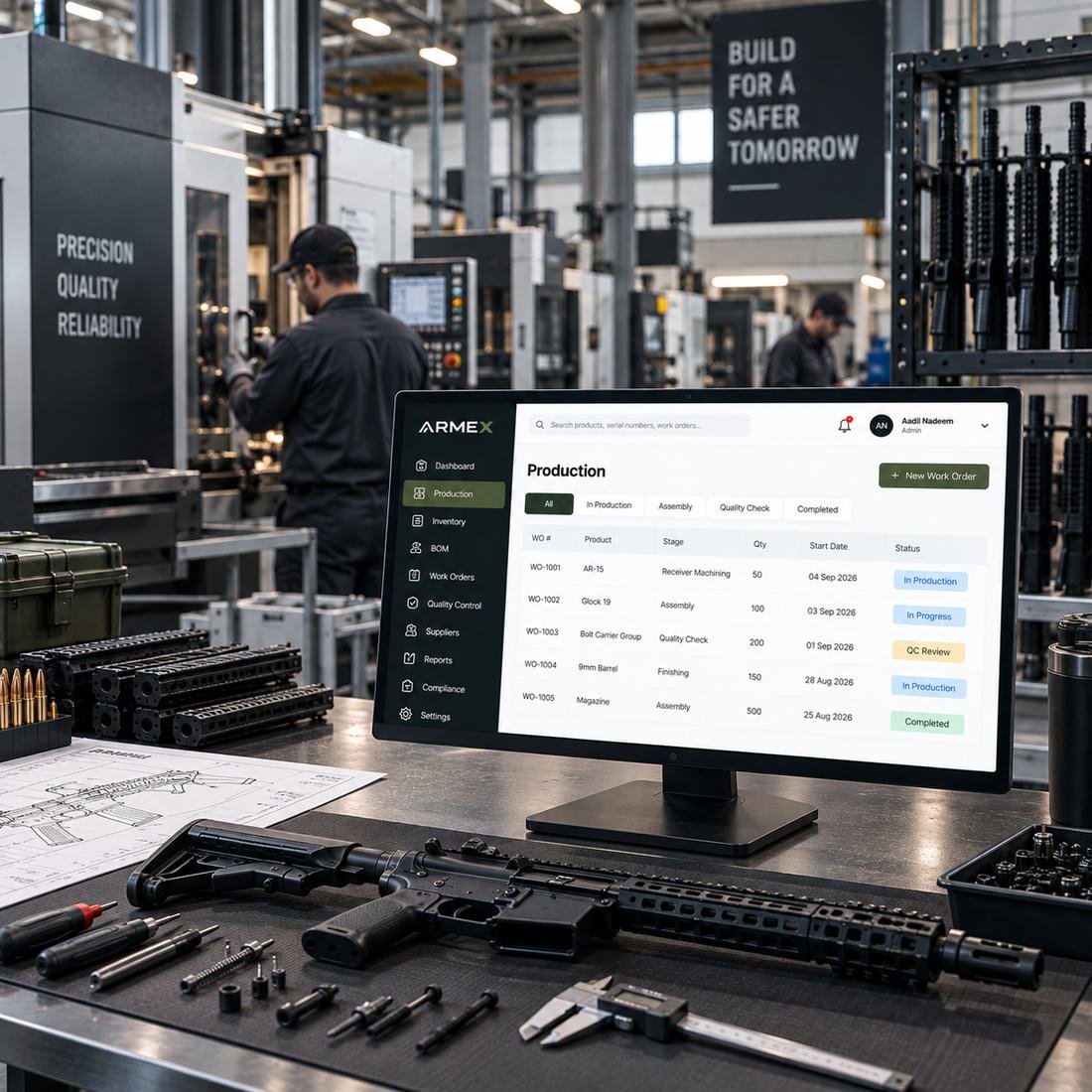 Firearms production floor with ARMEX work orders