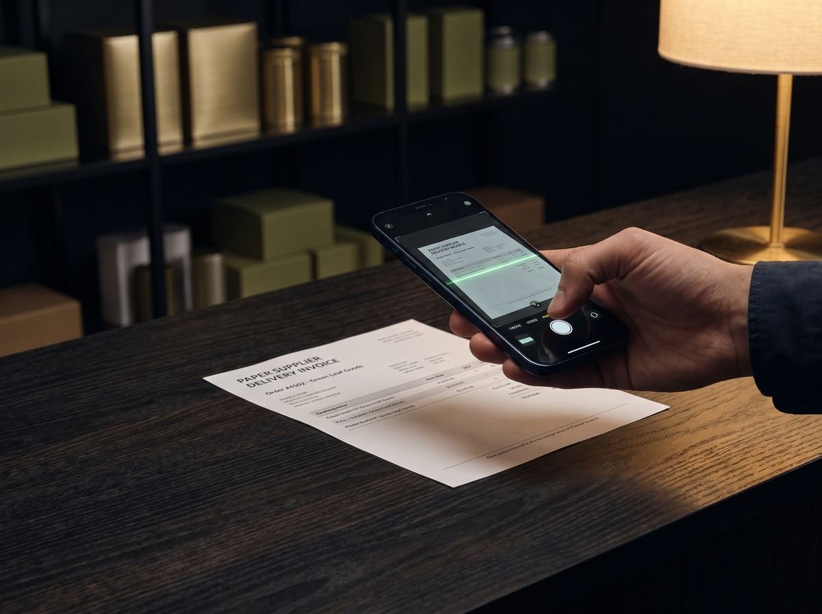 A supplier invoice being photographed with a phone